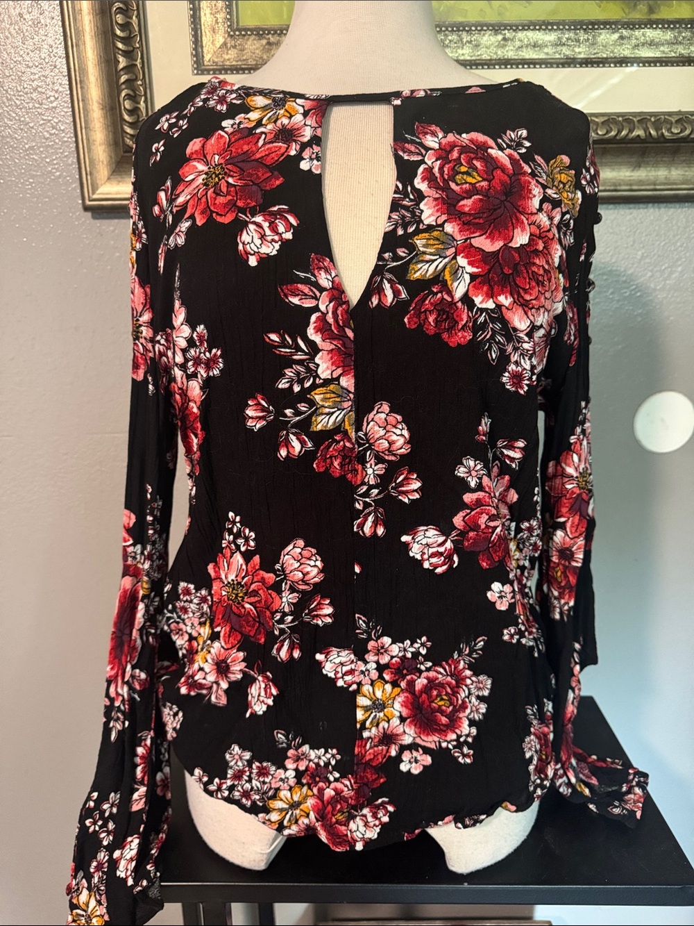 Gypsies & Moondust Black Blouse with Red and Pink Floral Print